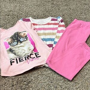 Girls Pink Cat Graphic  Set with Striped Long-Sleeve Top